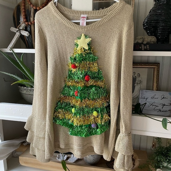HOLIDAY TIME GOLD SHIMMER XMAS TREE UGLY XMAS SWEATER XXL - Picture 1 of 11